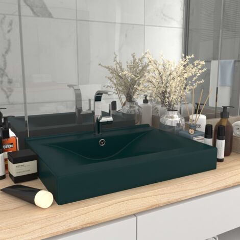 vidaXL Lavabo con Foro Rubinetto Verde Scuro Opaco 60x46cm in Ceramica