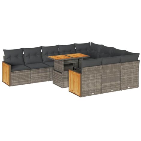 vidaXL Set Divani Giardino 11 pz con Cuscini Polyrattan Acacia Grigio (1/5)
