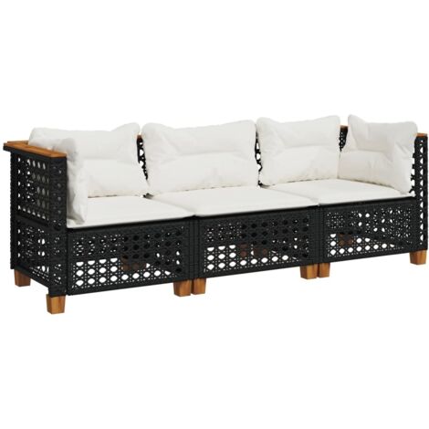 vidaXL Divano da Giardino a 3 Posti con Cuscini Nero in Polyrattan