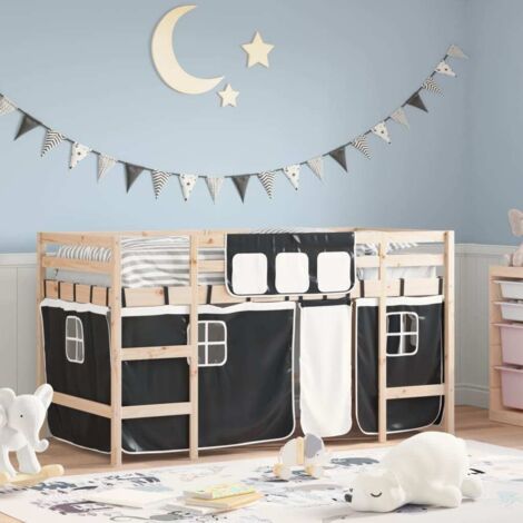 vidaXL Letto a Soppalco con Tende Bambini Bianco e Nero 80x200 cm Pino (1/4)
