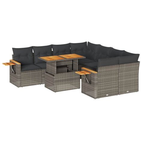vidaXL Set Divano da Giardino 9pz con Cuscini Grigio Polyrattan Acacia (1/5)