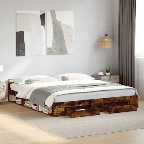 Vidaxl – Giroletto con cassetti 200x200 cm – Rovere fumo – Legno multistrato – Doghe in compensato – Spazio di stoccaggio integrato (1/5)