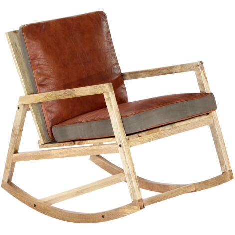 Sedia a Dondolo Marrone in Vera Pelle e Legno Massello di Mango vidaXL (1/5)