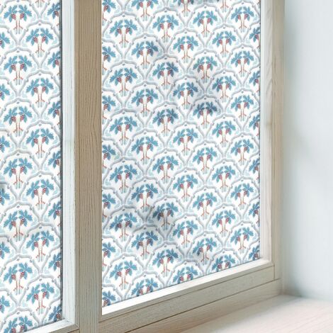 Pellicola Anti Sguardo per Finestre 100x116 cm Autoadesiva Protezione per Bagno Uffici Camera da Letto Decorativa Vetro Smerigliato Palme blu (1/5)