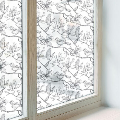 Pellicola Privacy per Vetri 100x146 cm Autoadesiva Protezione per Cucina Bagno Uffici Camera da Letto Decorativa Vetro Smerigliato Uccelli e fiori (1/5)