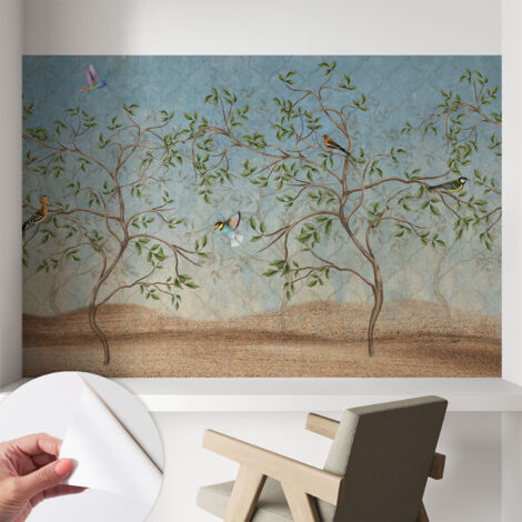 Carta da parati autoadesiva moderna - fotomurale - lavabile - ufficio - design moderno - Uccelli sugli alberi 104x70 cm (1/5)
