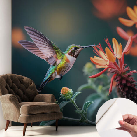 Carta da parati autoadesiva - Fotomurale adesivo - soggiorno moderno - resistente - Fiori di colibrì 250x250 cm (1/5)