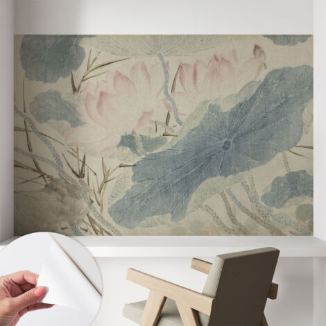 Carta da parati adesiva - fotomurale - facile da applicare - per la soggiorno - camera da letto - Foglie di loto 104x70 cm (1/5)