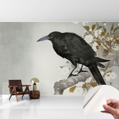 Carta da parati autoadesiva - fotomurale - decorazione parete - stile elegante - decorazione casa - Corvo tra i fiori 416x254 cm (1/5)
