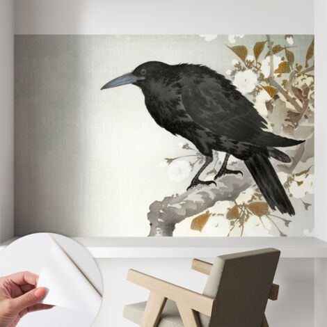 Carta da parati autoadesiva - fotomurale - decorazione parete - stile elegante - decorazione casa - Corvo tra i fiori 104x70 cm (1/5)