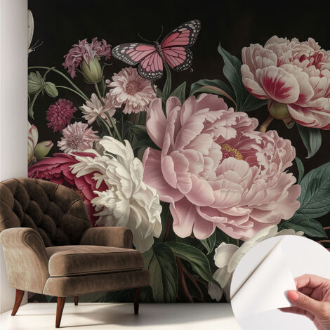 Carta da parati adesiva - fotomurale - facile da applicare - per la soggiorno - camera da letto - Peonie e farfalle 250x250 cm (1/5)