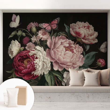 Carta Da Parati Non Tessuto - Con Colla Inclusa per Camera da Letto - Facile da Applica - Motivo decorativo Peonie e farfalle 208x146 cm (1/5)