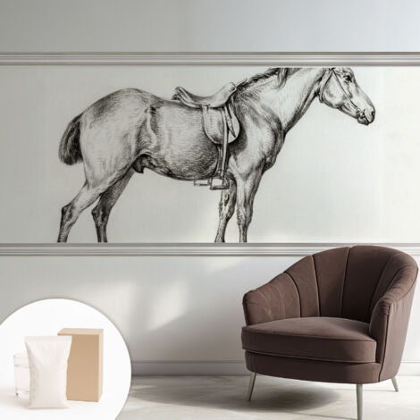 Carta Da Parati - Non Tessuto - Con Colla Inclusa - Per Interni - Ecologica - Con Ingresso - Soggiorno Schizzo di un cavallo 250x104 cm (1/5)
