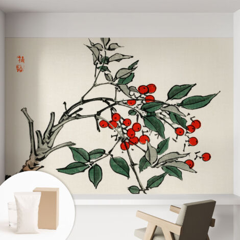 Carta Da Parati Non Tessuto - Con Colla Inclusa per Camera da Letto - Facile da Applica - Motivo decorativo Un rametto di bacche 152x104 cm (1/5)