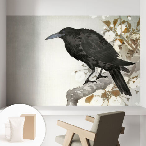 Carta Da Parati Non Tessuto - Con Colla Gratuita - Con Motivi Moderni - Design Elegante Per Pareti Corvo tra i fiori 104x70 cm (1/5)