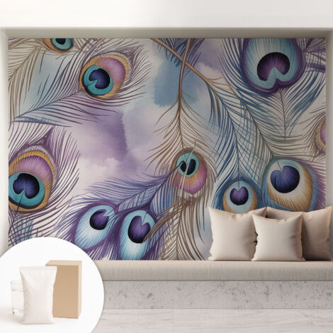 Carta Da Parati Non Tessuto - Con Colla Inclusa per Camera da Letto - Facile da Applica - Motivo decorativo Piume di pavone 208x146 cm (1/5)