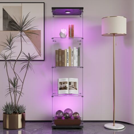 Vitrine Verre 3 Étagères Avec LED – Meuble D’Exposition Moderne Blanc 125x42x36 Cm, Serrure Incluse