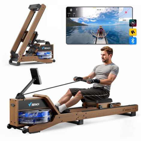 MERACH  Wasserrudergerät Rot-Eichenholz – klappbar, Bluetooth-Display & Kinomap, vertikal verstaubar, bis 158 kg