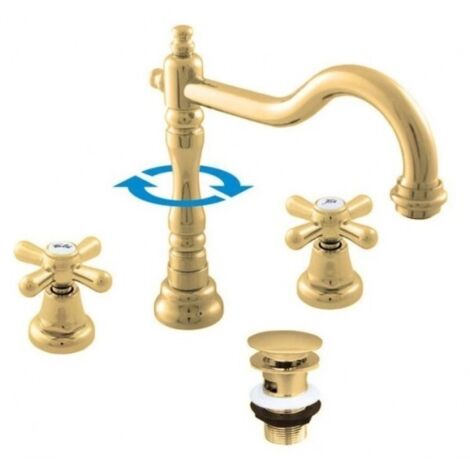 Mélangeur lavabo rétro 3 trous MORAVA avec bonde en laiton doré (1/5)