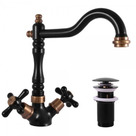 Mélangeur lavabo MORAVA RETRO pivotant en laiton noir mat avec pop up (1/5)