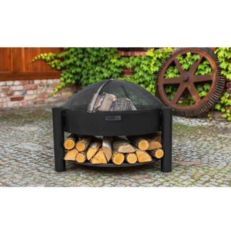 Brasero de jardin SOLAFA avec range bois en acier + pare-feu-Ø 60cm--