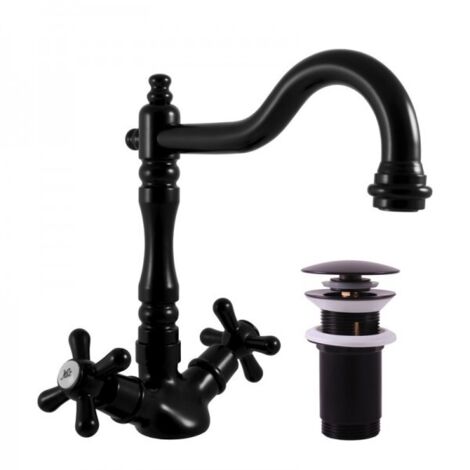 Mélangeur lavabo MORAVA RETRO pivotant laiton noir mat avec pop up (1/4)