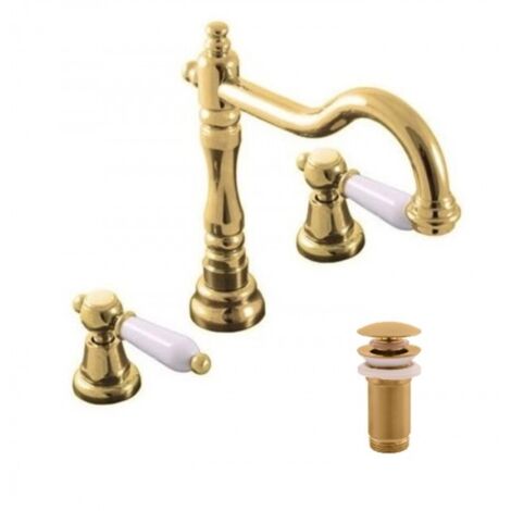 Mélangeur lavabo rétro 3 trous laiton doré MORAVA avec bonde (1/5)