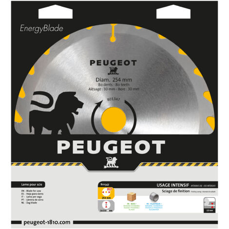 Lame carbure pour scie circulaire D. 254 x 30 mm x Z 80 - Bois/PVC - 801347 - Peugeot