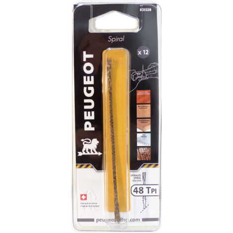 Peugeot – Lot de 12 lames à chantourner spiralées 0,8 mm – 48 dents par pouce – Longueur 127 mm – Pour bois dur et PVC