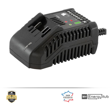 Peugeot – Chargeur pour électroportatif 18V – Compatible Lithium-ion – Courant de charge 2A – Dimensions 20x10x5 cm – Inclus câble d'alimentation