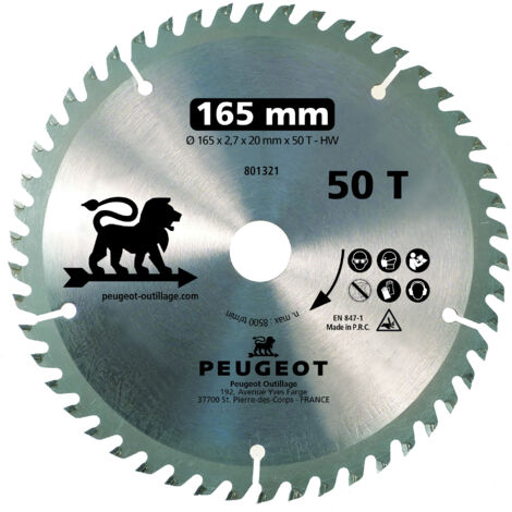 Peugeot – Lame de scie circulaire carbure 165 mm – Alésage 20 mm – 50 dents pour coupes fines dans bois dur – Durabilité accrue - mm-50T