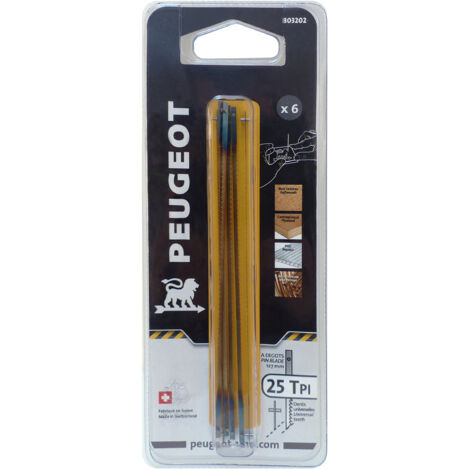 Peugeot – Jeu de 6 lames à goujons 127x2x0,25 mm – Denture 25 TPI pour coupe précise – Pour bois dur et teck – Compatible avec scies à main (1/4)
