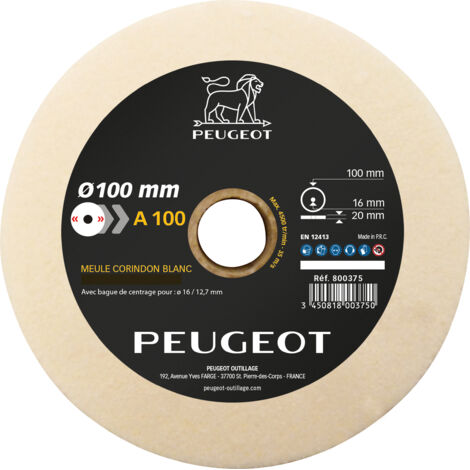 Peugeot – Meule à touret corindon blanc 100 mm – Diamètre d'alésage 20 mm – Grain 100 pour finition précise sur métaux et bois dur