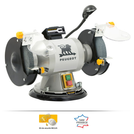 Peugeot – Touret à meuler 350W – Base pivotante 180° – Meules Ø150mm A36 et A60 – Éclairage LED orientable – Protection pare-étincelle réglable
