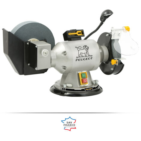 Peugeot – Touret à meuler 350W – Meule sèche 150mm et meule à eau 200mm – Vitesse 2950 tr/min – Base pivotante 180° pour pièces encombrantes