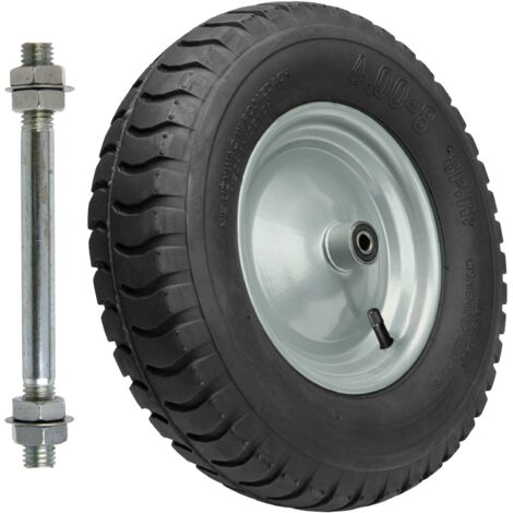 Garronda Ersatzrad Schubkarre 4.80/4.00-8 Schubkarrenrad Ø 405 mm Luftreifen 8PR Reifen bis 180 kg mit Achse Stahlfelge Kugellager für Gartenwagen Hof Baustelle GD-0163, Schwarz-Silber
