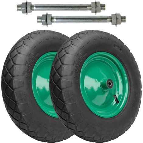 Garronda 2er Pack Ersatzrad Schubkarre 4.80/4.00-8 Schubkarrenrad Ø 390 mm Luftreifen 4PR Reifen bis 220 kg mit Achse Stahlfelge Kugellager für Gartenwagen Hof Baustelle GD-0163, Schwarz-Grün