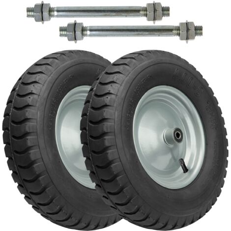 Garronda 2er Pack Ersatzrad Schubkarre 4.80/4.00-8 Schubkarrenrad Ø 405 mm Luftreifen 8PR Reifen bis 180 kg mit Achse Stahlfelge Kugellager für Gartenwagen Hof Baustelle GD-0163, Schwarz-Silber