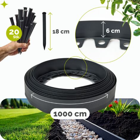 Bordure De Jardin Flexible JARDINEX - Rouleau De 20 M, Hauteur 12 Cm, Avec 20 Piquets - En Plastique Recyclé Noir