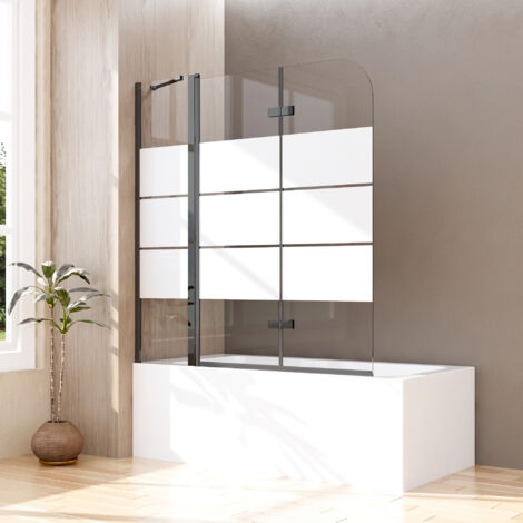 WDWRITTI Pare-baignoire noir 160 x 140 cm, 3 pièces, pliable, rayé Paroi de douche pour baignoire avec segment fixe Paroi de douche en verre de sécurité ESG 6 mm, paroi de douche Paroi de baignoire