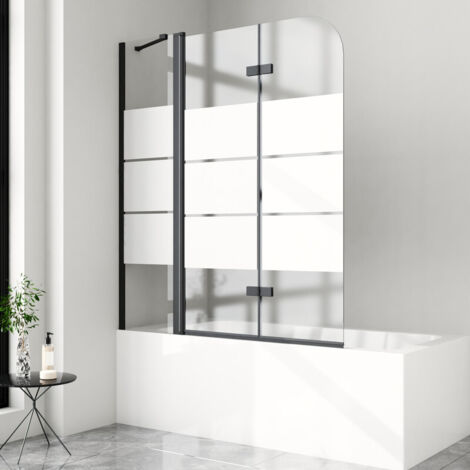 WDWRITTI Pare-baignoire noir 150x140 cm, Pare baignoire 3 pièces, pliable, rayé Paroi de douche pour baignoire avec segment fixe Paroi de douche en verre de sécurité ESG 6 mm, paroi de douche Paroi de (1/5)