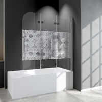 WDWRITTI 120 x 140 cm Pare-baignoire 3 pièces pliable Paroi de douche, paroi de douche pour baignoire Paroi de douche pour baignoire avec labyrinthes blancs rayés en verre de sécurité ESG 6 mm