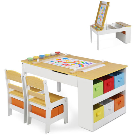 GRAVFORCE Table enfant 2 chaises plateau réglable en hauteur à peindre et créer pour enfants 3 ans et plus avec rangement 8 compartiments tissu pour pots de peinture version Naturel
