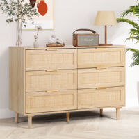 Commode 6 tiroirs moderne en MDF résistant – Dimensions 75H x 110L x 40D cm – Poignées en métal doré – Idéale comme console TV