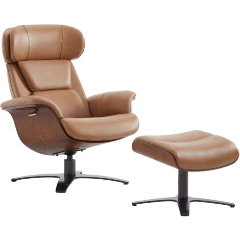 Fauteuil inclinable pivotant CHITA en cuir véritable, appui-tête et assise réglables, pour Salon – Selle-Marron (1/5)