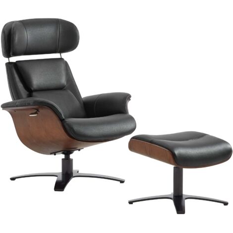 Fauteuil Inclinable Et Pivotant En Cuir Véritable CHITA, Avec Appui-Tête Et Coussin Réglables, Pour Salon, Assise Sellier-Noir (1/4)