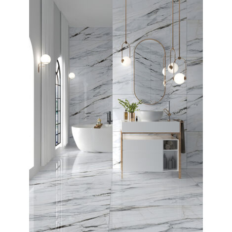Carrelage mural effet marbre blanc 60x120 cm – Finition Full lappato – Intérieur/extérieur – Design élégant pour espaces modernes