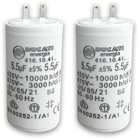 Lot de 2 – Condensateurs 5,5 µF pour moteur de volet roulant ou store – Compatible SOMFY, SIMU, NICE – Cylindrique – 2 cosses Faston 2,8 mm – 450V – Fiabilité renforcée