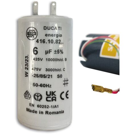 Condensateur 6 µF – Moteur de volet roulant ou store – Compatible SOMFY, SIMU, NICE – Cylindrique – 2 cosses Faston 2,8 mm – 450V – Haute résistance