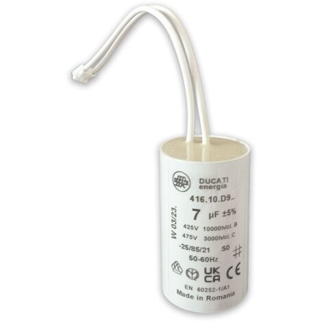 Condensateur 7 µF spécial volet roulant BUBENDORFF – 2 fils avec connecteur – Fond plat – 450V